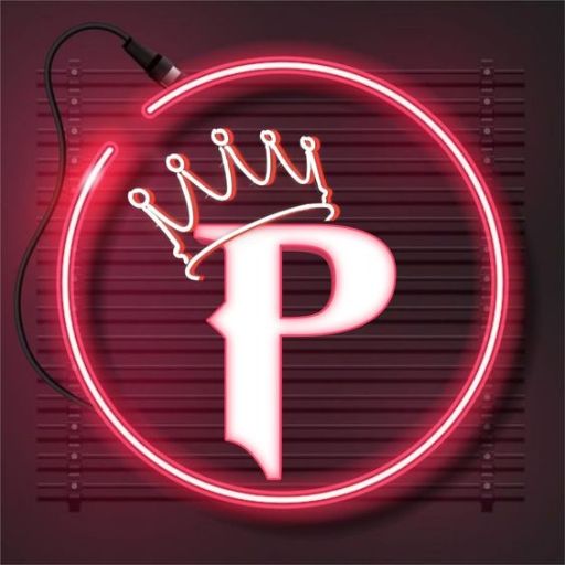 Neon sign with letter 'P' and a crown inside a circle on a wall