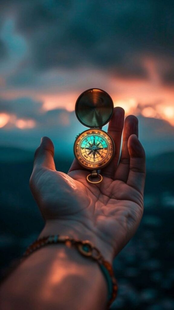 Open compass in hand against a cloudy twilight sky