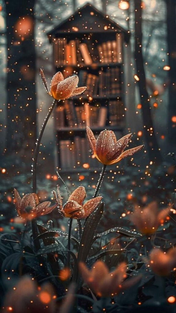 Orange flowers with dewdrops in a mystical, sparkling forest with a lantern-lit cabin in the background