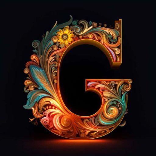 Ornate, colorful letter _G_ with floral and swirl patterns on a dark background