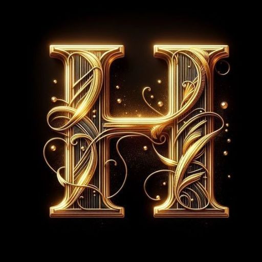 Ornate golden letter H with intricate designs and glowing lights on a dark background