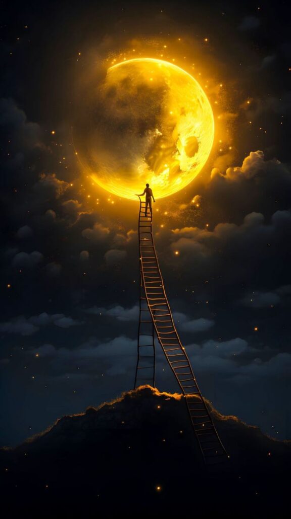 Person ascending a ladder towards a large, glowing moon amidst clouds and stars