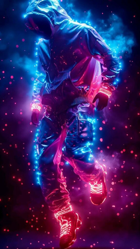 Person in a glowing blue and pink spacesuit against a dark background with floating red particles