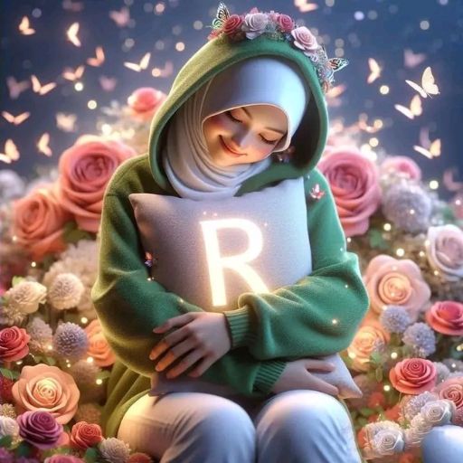 Person in a green hoodie with a letter 'R' holding knees, surrounded by pink and white roses