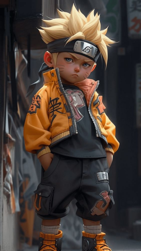 Person in an orange jacket with spiky hair and urban-style clothing stands in an alleyway