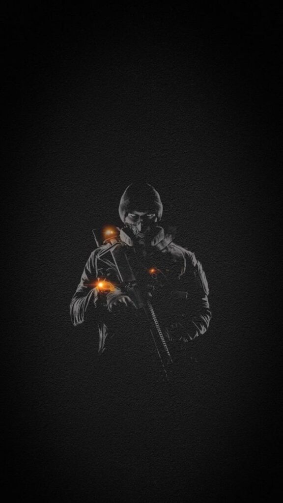 Person in dark attire holding a rifle against a black background with orange sparks.