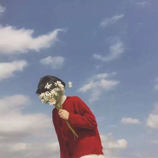 Person in red sweater holding daisies in front of face against cloudy sky