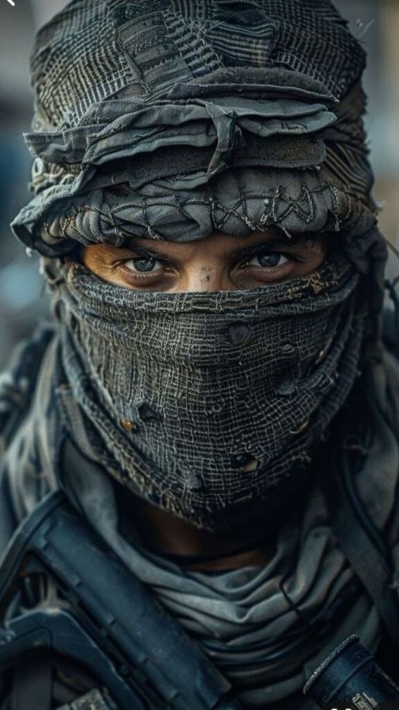 Person in tactical gear with a headscarf holding a rifle