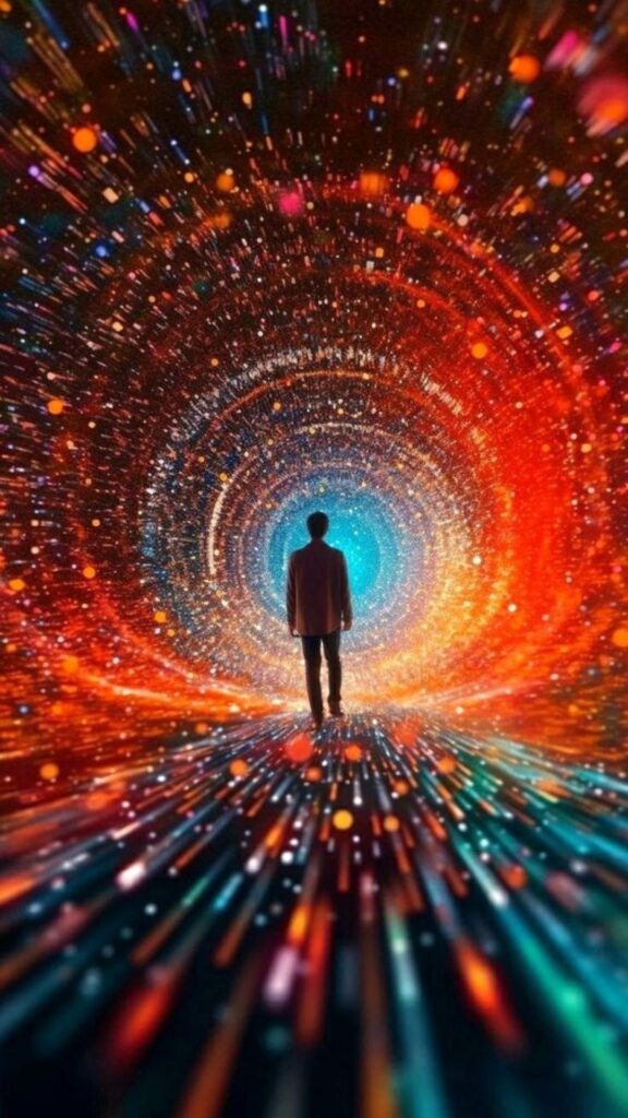 Person standing in a tunnel of vibrant, swirling lights resembling a cosmic journey