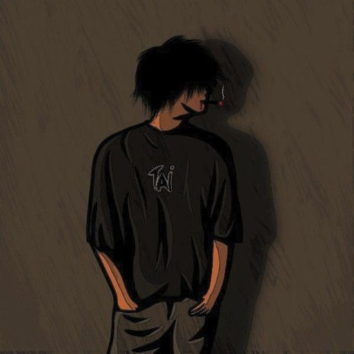 Person wearing a black t-shirt with a white graphic, seen from the back in a shadowy room