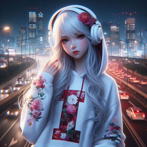 Person with headphones and a floral hoodie overlooking a cityscape with traffic at night