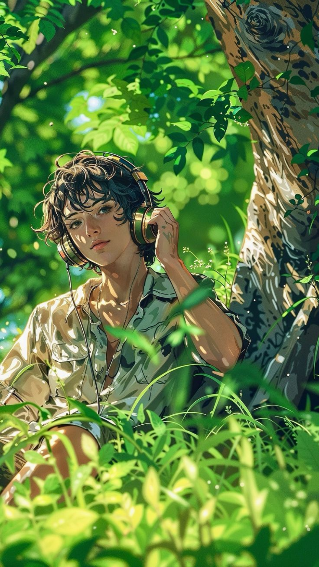 Person with headphones sitting under a tree surrounded by lush green foliage