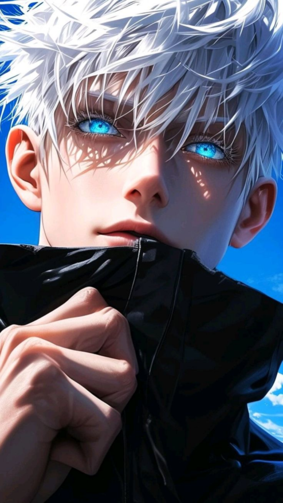 Person with white hair and a black outfit against a blue sky background