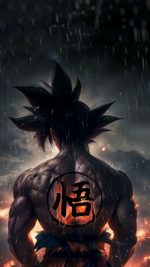 Rear view of an animated character with spiky hair, standing in the rain with a symbol on the back