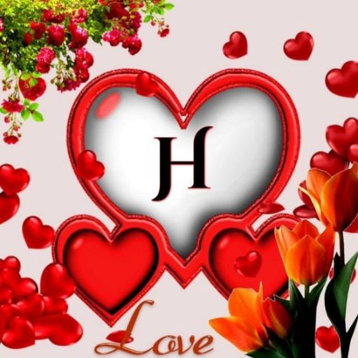 Romantic graphic with a large heart labeled _H,_ smaller hearts, flowers, and the word _Love_ at the bottom