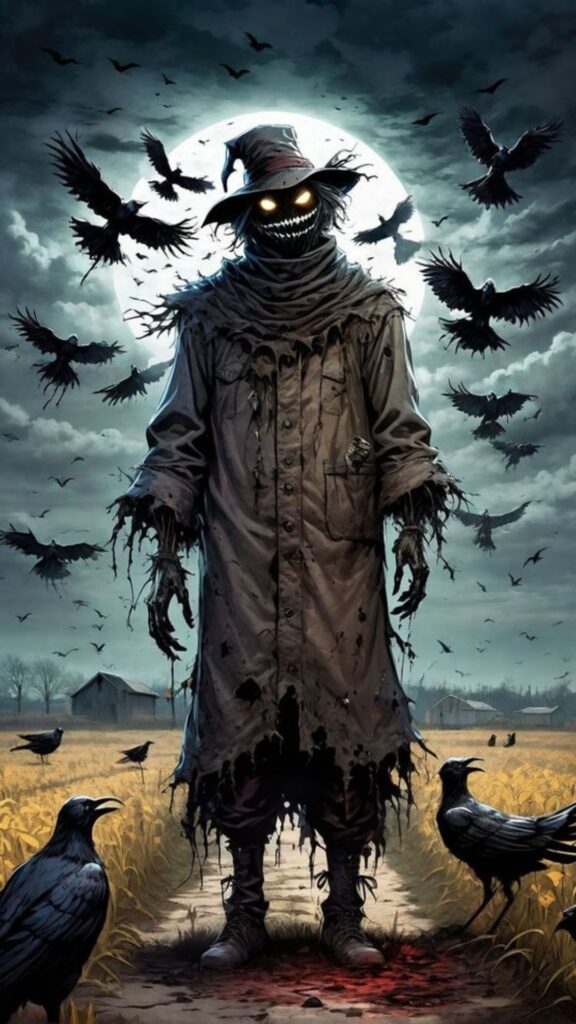 Scary scarecrow with glowing eyes surrounded by crows under a full moon