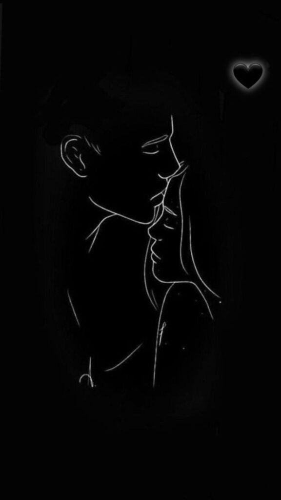 Silhouette of a couple about to kiss with a heart emoji above them