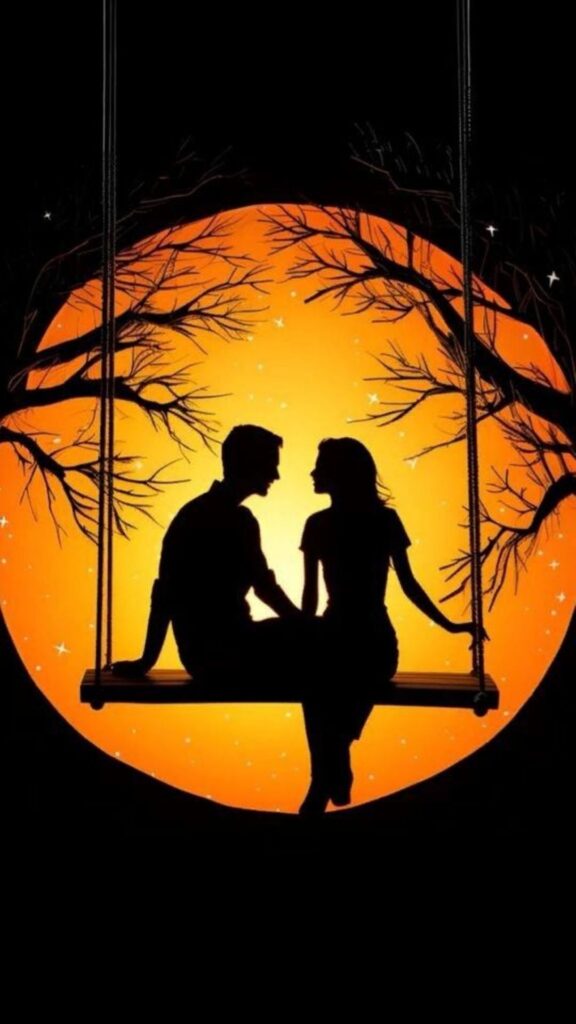 Silhouette of a couple on a swing under a starlit sky, framed by a moonlit orange backdrop