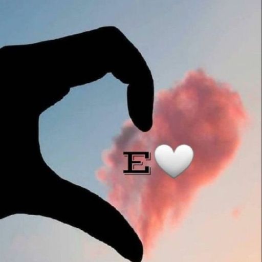 Silhouette of a hand making a heart shape with a pink cloud in the background, overlaid with a white heart and the letter _E