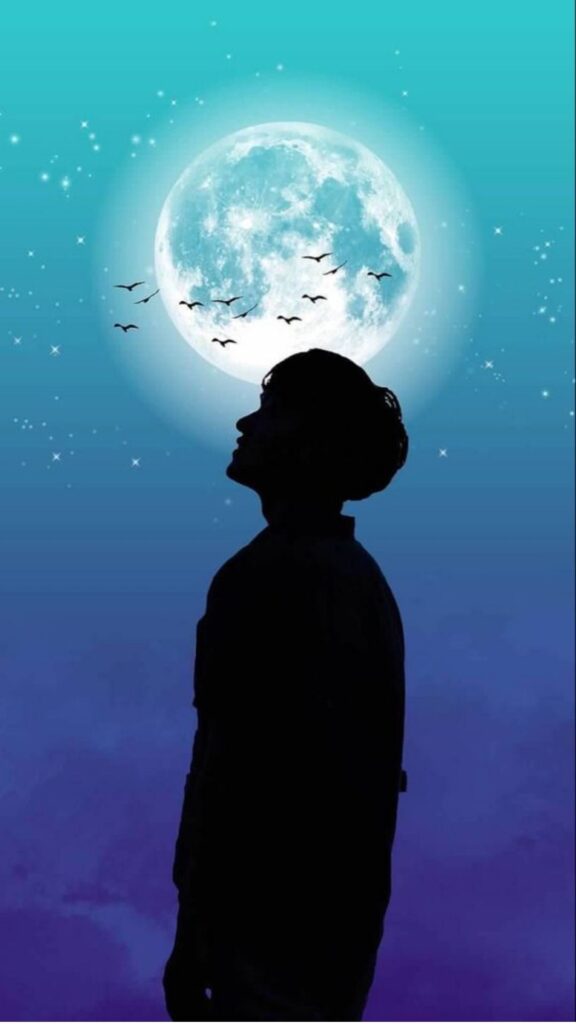 Silhouette of a person with a background of full moon, stars, and flying birds in a blue sky