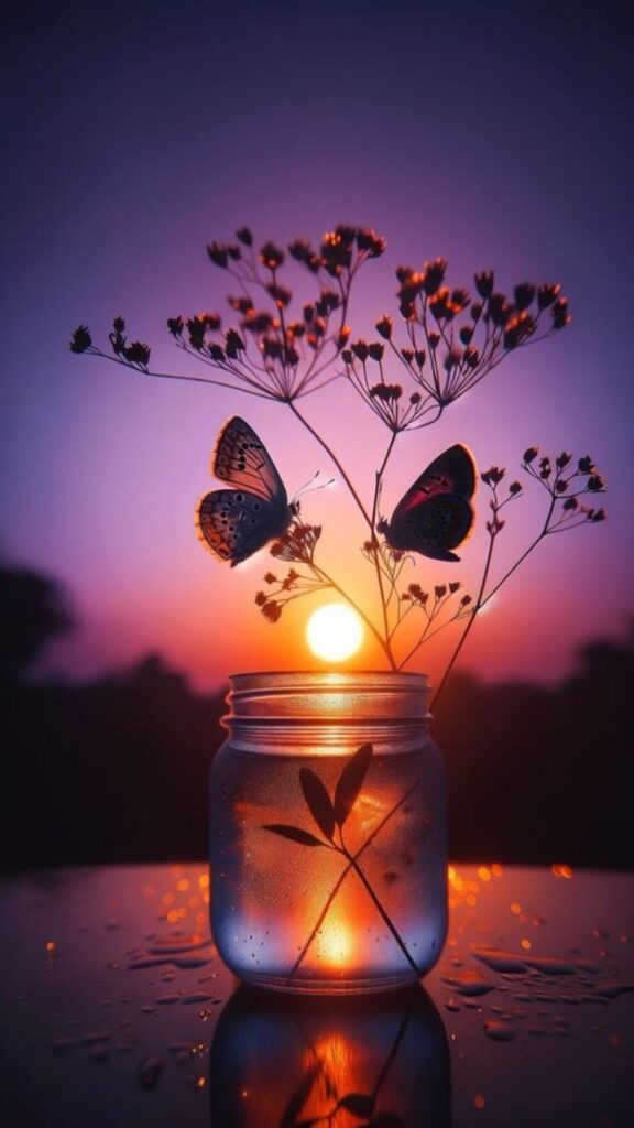 Silhouette of flowers and butterflies in a jar against a sunset backdrop