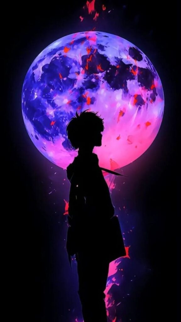 Silhouetted person with a sword against a vibrant cosmic moon background