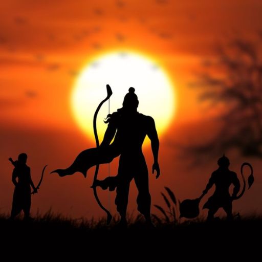 Silhouettes of three mythological figures against a sunset, with distinct poses and weapons