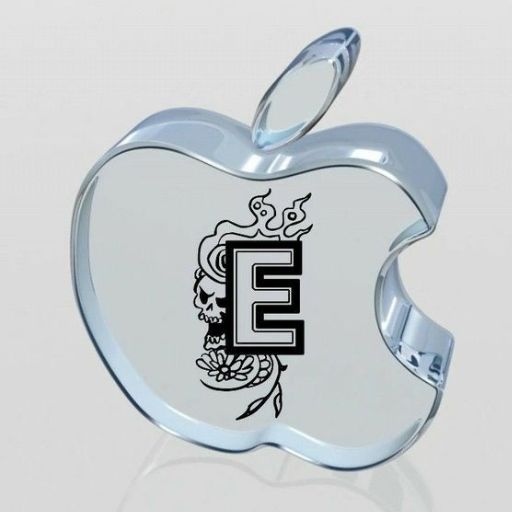 Silver Apple logo with a stylized skull and the letter _E_ on a white background