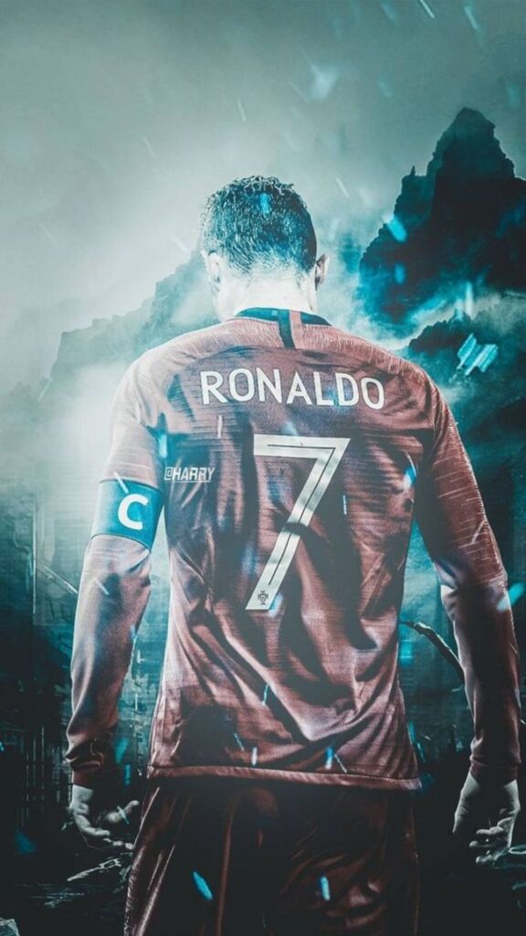 Soccer player in maroon jersey with _RONALDO 7_ on the back, against a dramatic backdrop