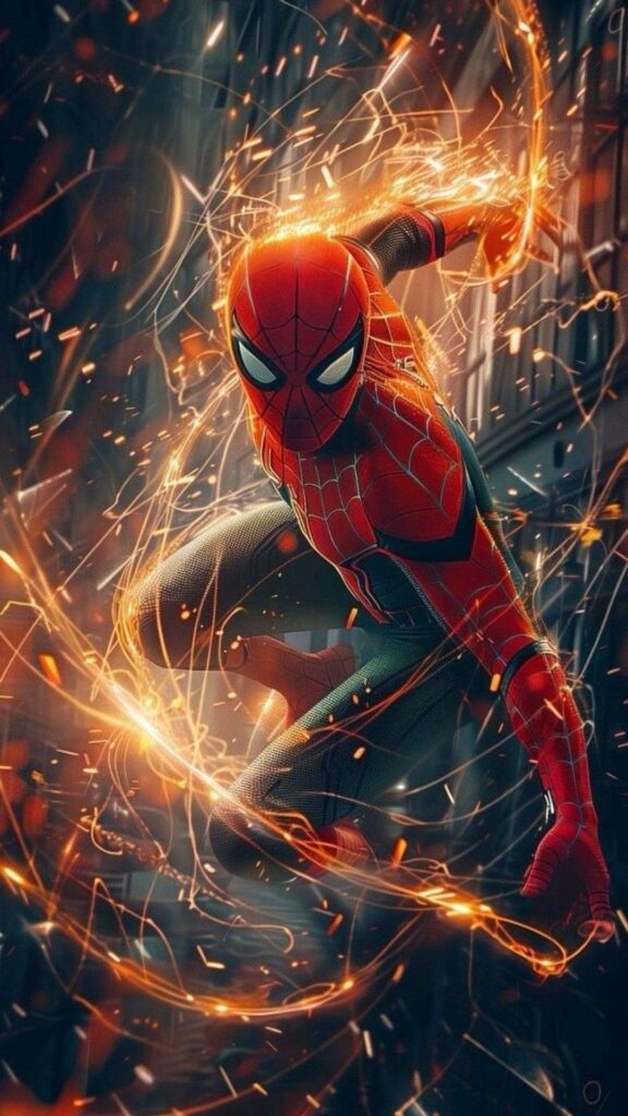 Spider-Man in dynamic pose amidst glowing sparks and blurred background