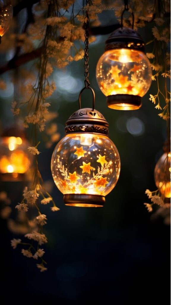 Star-patterned lanterns hanging from a tree branch, softly lighting the evening