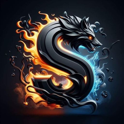 Stylized dragon emblem with intertwined flames and wisps of smoke on a dark background