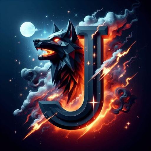 Stylized letter _J_ with a geometric wolf head emerging, against a starry night sky with moon and flames