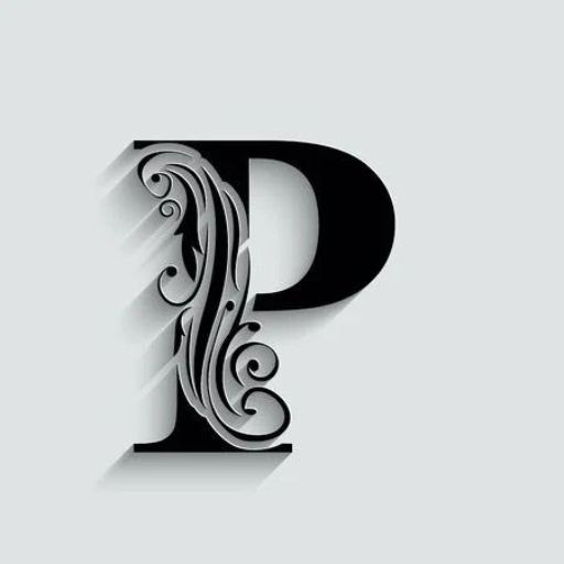 Stylized letter _P_ in black with a red outline against a gradient red to gray background