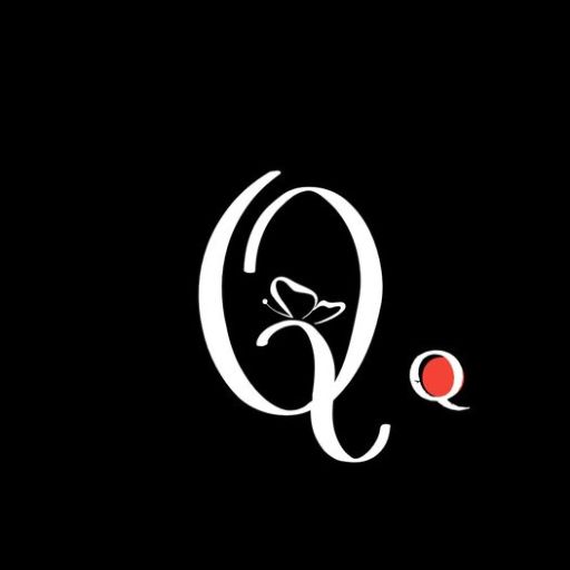 Stylized white letter 'Q' with a butterfly silhouette and red dot on a black background