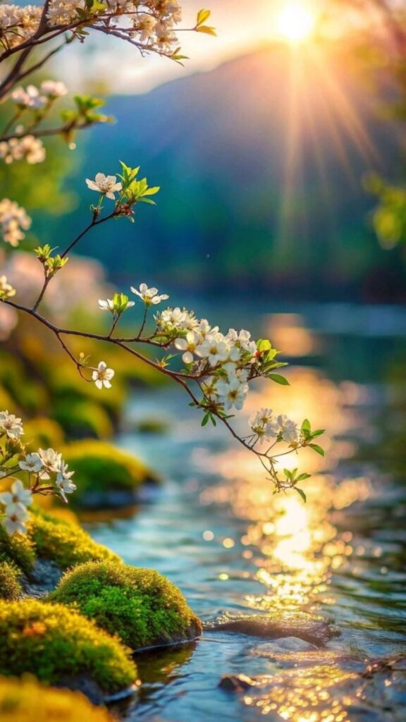 Sunlight filtering through blossoms over a serene river with mossy rocks