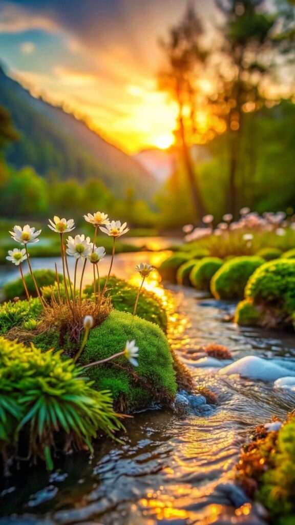 Sunset over a serene stream with mossy rocks and white flowers in the foreground