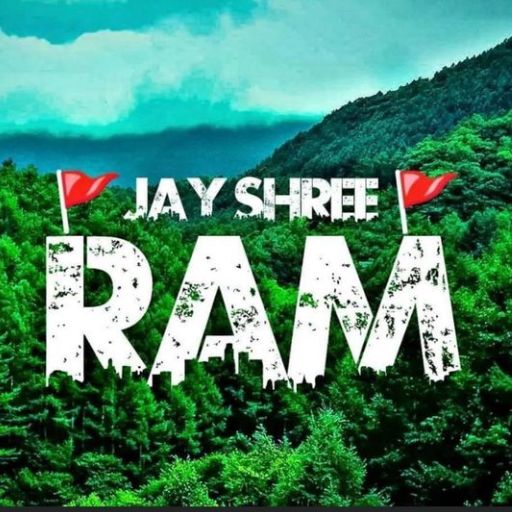 Text _JAY SHREE RAM_ over a lush green mountainous landscape with red flags