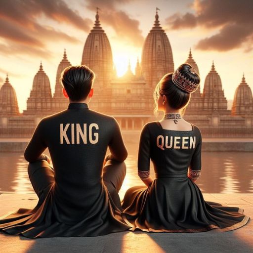 The king and queen sit gracefully on the ground before a majestic temple, embodying regal serenity and unity