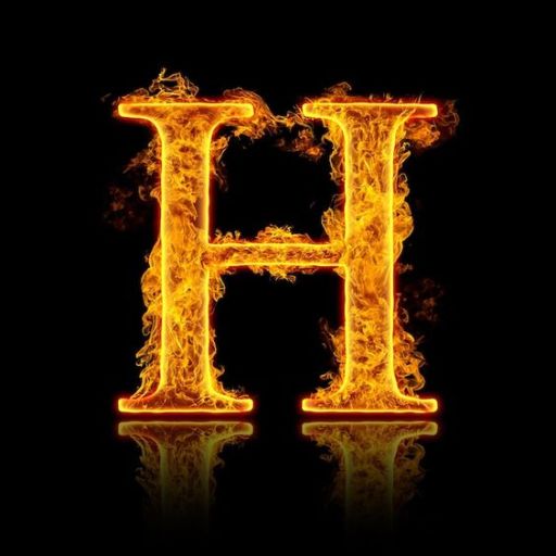 The letter 'H' engulfed in flames with a reflective surface below it, on a black background