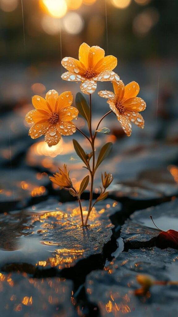 Three yellow flowers with water droplets on them, set against a sunset reflected on wet ground