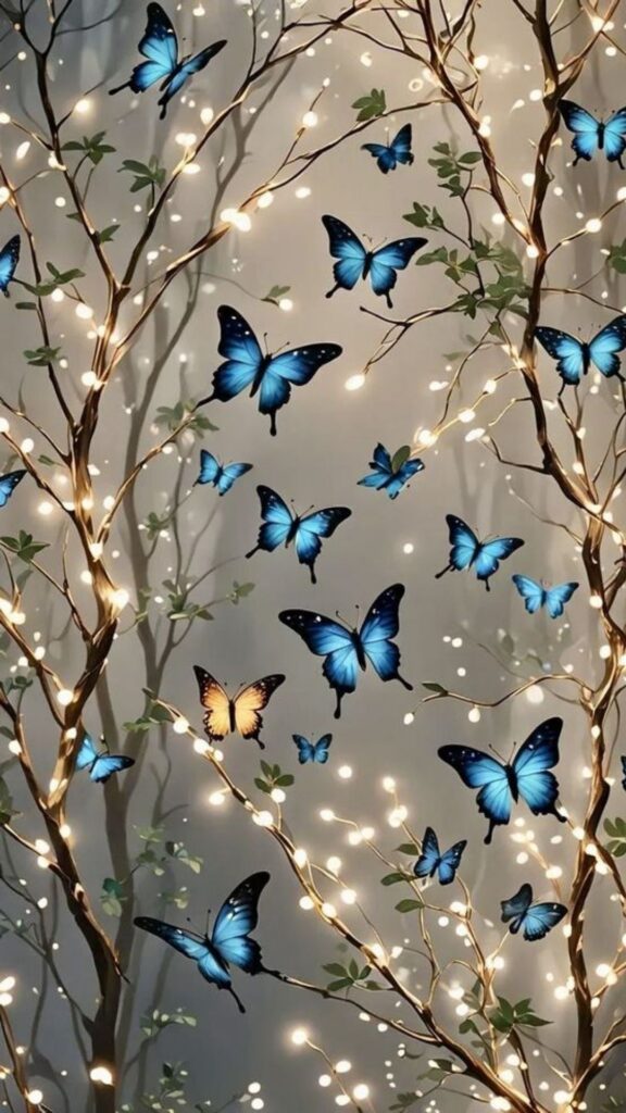 Twinkling lights on branches with blue butterflies