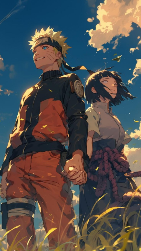 Two animated characters holding hands under a blue sky with clouds