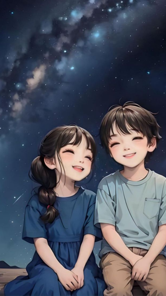 Two children sitting together with a starry night sky in the background