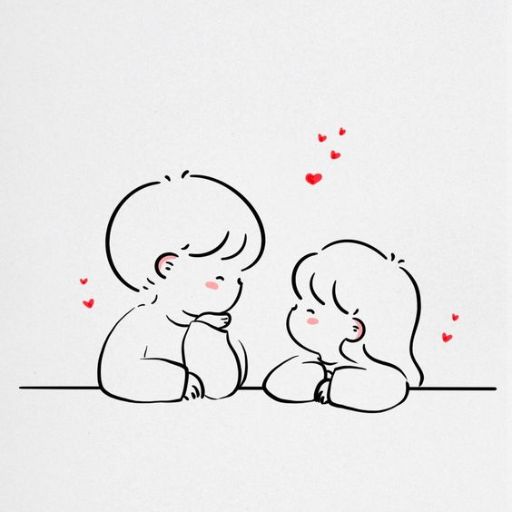 Two cute cartoon characters sitting face-to-face with small hearts floating above them, depicting a lovely scene