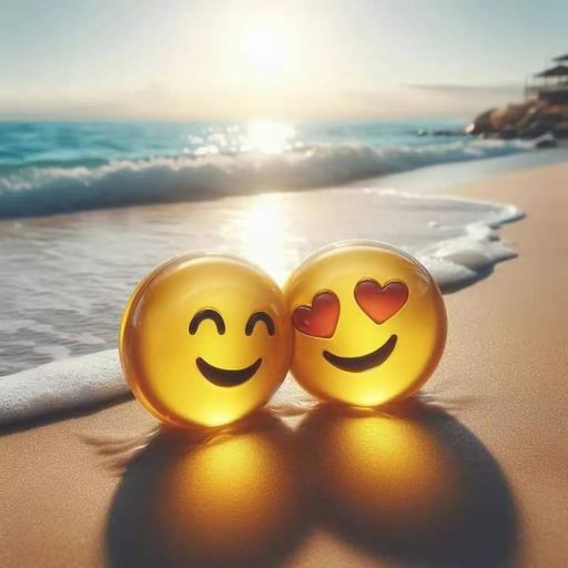 Two emoji balls on a beach, one smiling and the other with heart eyes, with the sunrise in the background