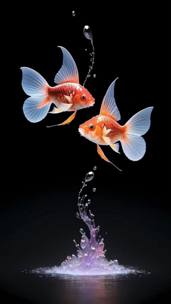 Two goldfish leaping above a splash of water on a dark background