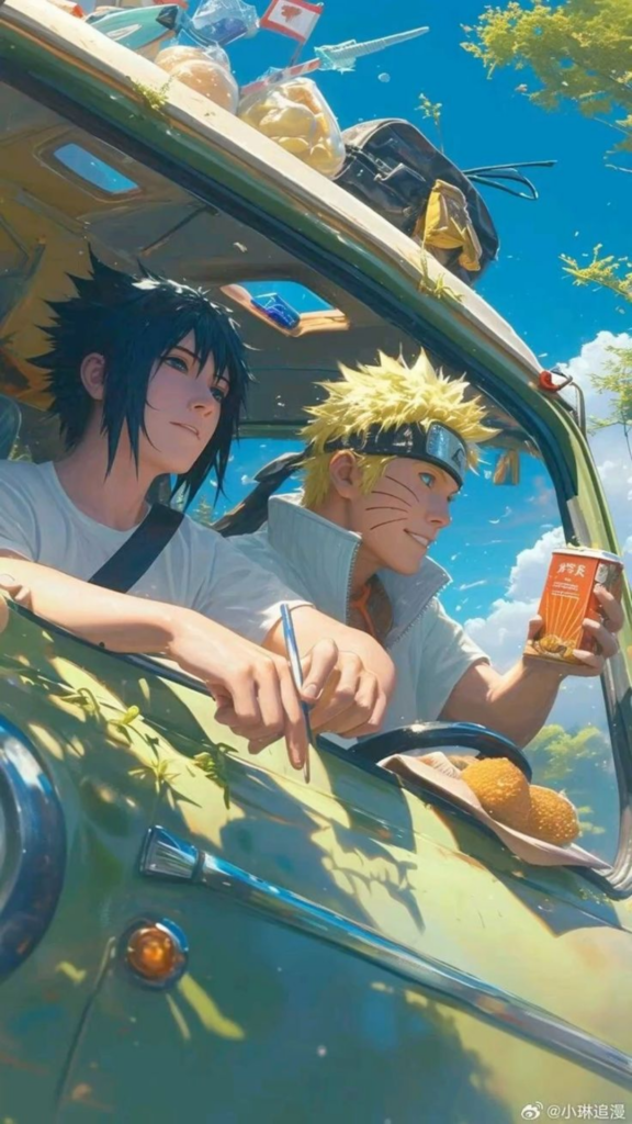 Two people in a car with snacks, under a sunny, blue sky