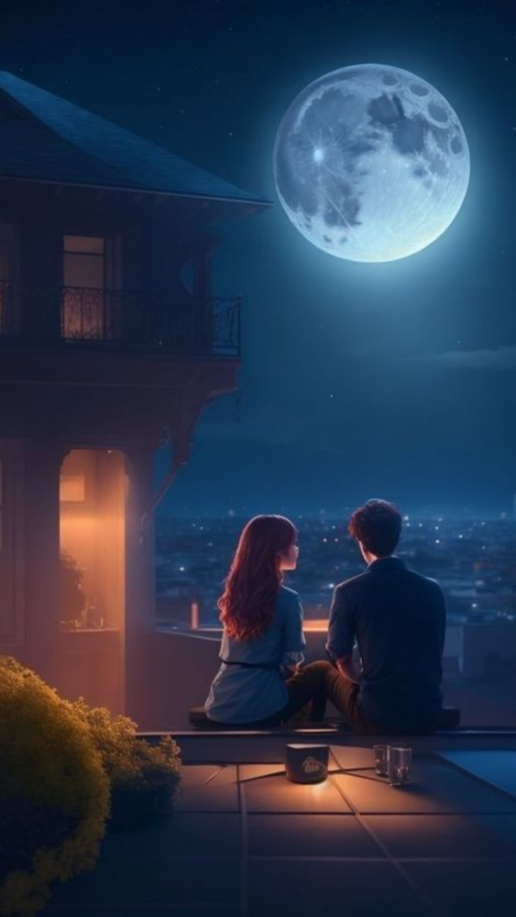 Two people sitting on a balcony overlooking a city at night with a large moon in the background