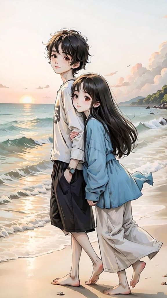 Two people walking on a beach at sunset in an illustrated image